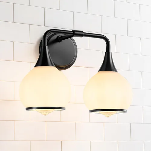 Vista 9 de Accesorios de iluminación de baño en oro cepillado, luces de tocador de 2 luces con pantalla de vidrio esmerilado blanco lechoso, lámpara de tocador