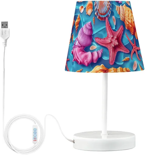 Vista 2 de ODAWA Desk Lamp Dimmable Vintage Seashell Blue Bedroom Lamps with USB Ports Table Lamps for Bedroom