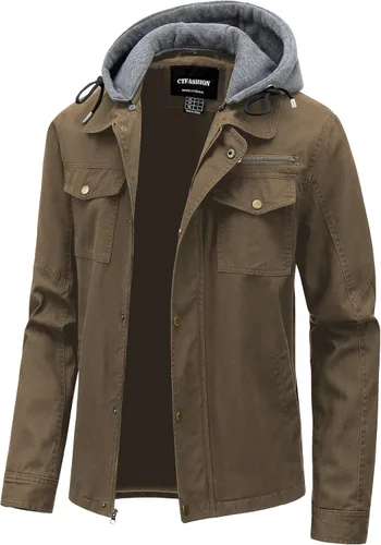 Vista 11 de Chaqueta ligera de algodón para hombre, estilo militar, con capucha, de canvas, para campo, ropa de trabajo, casual, cargo de primavera