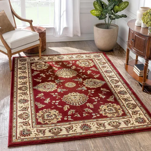Vista 19 de Well Woven Alfombra de área oriental roja de Sultan Sarouk con diseño floral persa, formal, tradicional, fácil de limpiar, resistente a las manchas