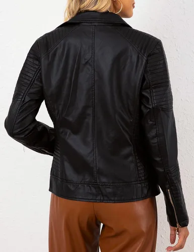 Vista 5 de Bellivera Chaqueta informal de piel sintética, abrigo de motocicleta de moda para otoño y primavera, para mujer