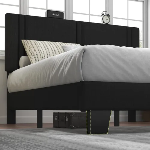 Vista 6 de Feonase Marco de Cama de Plataforma de Tamaño Completo, Marco de Cama Tapizado en Tela con Respaldo Alado, Listones de Madera Maciza y Soporte