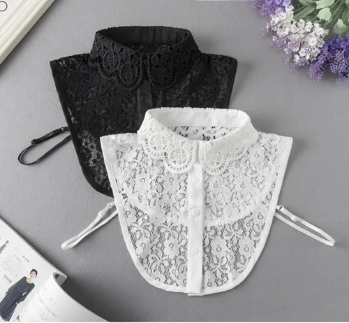 Vista 4 de Blusa desmontable con cuello de encaje para mujer, con cuello falso, para decorar el collar falso Negro