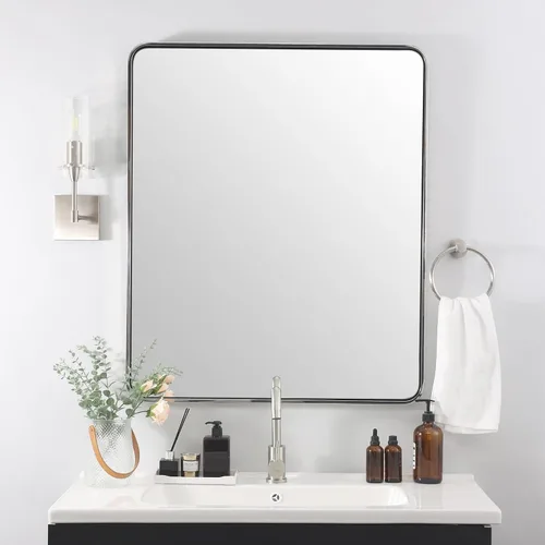 Vista 26 de Espejo de latón para baño, espejo rectangular redondeado de 22x30 pulgadas con marco de metal cepillado dorado, espejo de tocador de baño sin