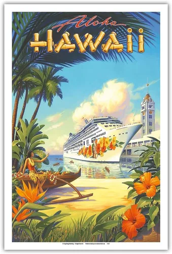 Vista 11 de Pride of Hawaii Cruise Ship - Aloha Towers Honolulu Harbor - Póster de viaje hawaiano vintage por Kerne Erickson - Impresión artística maestra