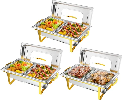 Vista 9 de ROVSUN Platos dorados para bufé, juego de bufé de 9 cuartos con tapa de vidrio, servidores y calentadores de bufé de acero inoxidable con marco