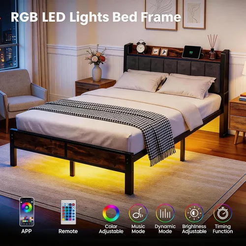 Vista 3 de Liians Base de cama LED de tamaño matrimonial con estación de carga y cabecera de almacenamiento, plataforma de metal, no necesita somier, fácil