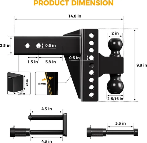 Vista 12 de CAMMOO Enganche de remolque ajustable para receptor de 2.5 pulgadas
