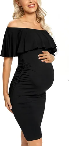 Vista 4 de Vestido de maternidad ajustado con volantes y hombros descubiertos, vestido de embarazo formal para baby showerfotografía