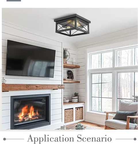 Vista 6 de Emliviar, lámpara de techo para interiores y exteriores, 0387B-CL Farmhouse metal cage with clear glass shade; 2 E26 bulbs; for kitchen, hallway