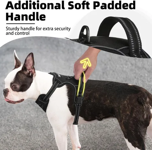 Vista 2 de PUPTECK Arnés sin tirones para perro, tamaño pequeño, ajustable, reflectante, con asa, de fácil control, cómodo y suave acolchado para perros Negro