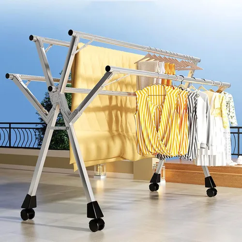 Vista 2 de Estante de secado de ropa plegable para interiores y exteriores, estante de lavandería ajustable y plegable, estante de ropa de acero inoxidable