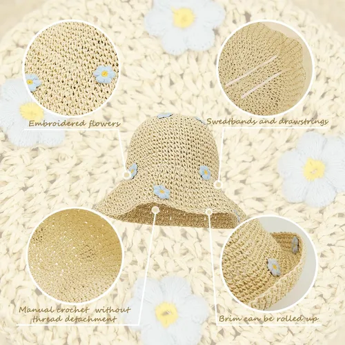 Vista 5 de Sombrero de paja para mujer, sombrero de playa plegable, sombrero de ala ancha, Flor beige-azul