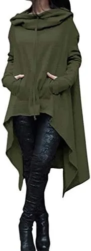 Vista 6 de Abrigo de manga larga con cordón para mujer, color liso, suelto, casual, poncho con capucha (verde militar, M)
