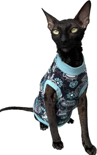 Vista 6 de Camiseta de pana de gato para Sphynx y gatos desnudos, mono de gato, traje de gato, ropa de gato, abrigo de gato, gatito bebé Grow (XS, azul)