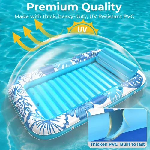 Vista 5 de Flotador inflable para tumbona de piscina, 70 x 46 pulgadas, flotadores de piscina para adultos con almohada, flotador de balsa para bañera Azul