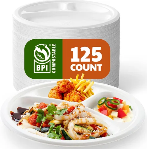 Vista 8 de Platos de papel compostables de 3 compartimentos, 125 unidades, 10 pulgadas, bandejas divididas desechables resistentes para el almuerzo, platos