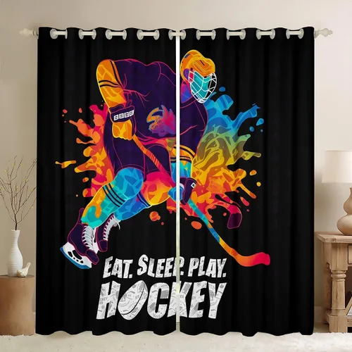 Vista 29 de Erosebridal Hockey Blackout Curtains for Boys,Blue and Black Sports Curtains & Drapes for Kids Teen,Ball Games Gamer Bedroom Decor,Ice Hockey Field