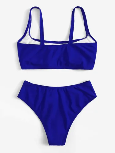 Vista 2 de SweatyRocks - Bikinis con cuello redondo y talle alto para mujer, de colores lisos