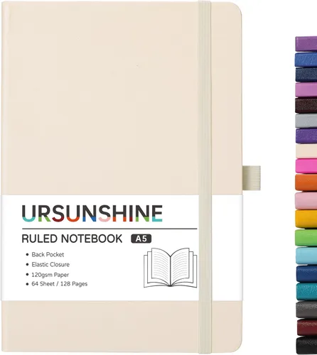 Vista 55 de Cuaderno punteado, diario, 5.3 x 8.26 pulgadas, tapa dura, prémium, papel grueso, doble espiral, bandas, cuero negro sintético, lazo para bolígrafo