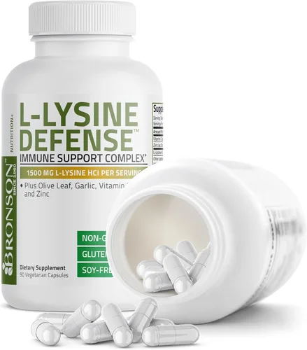 Vista 6 de Bronson Complejo de Apoyo Inmunológico L-Lysine Defense 1500 MG de L-Lisina más Hoja de Olivo, Ajo, Vitamina C y Zinc - Sin OGM, 90 Cápsulas