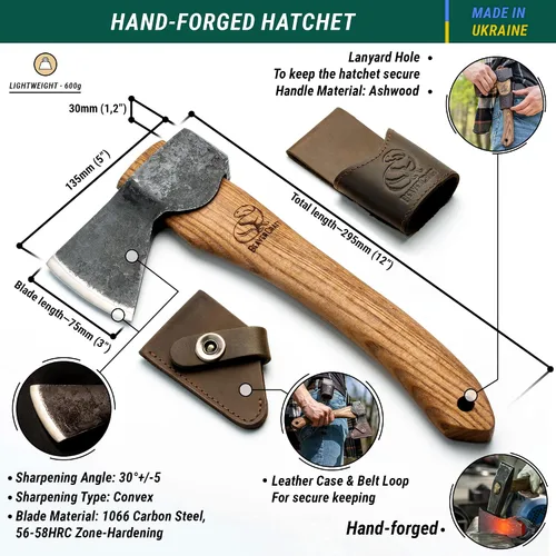 Vista 2 de BeaverCraft Hacha de Tallado de Madera con Funda AX1 - Hachas Forjadas Bushcraft para Acampar - Hacha de Bosque Pequeña para Cortar, Dividir