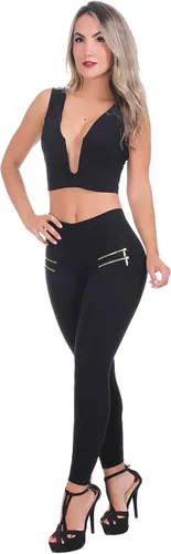 Vista 7 de Leggings de algodón para mujer con cremalleras con moldeador interno de cuerpo y levantador de glúteos, múltiples estilos 1172/Negro