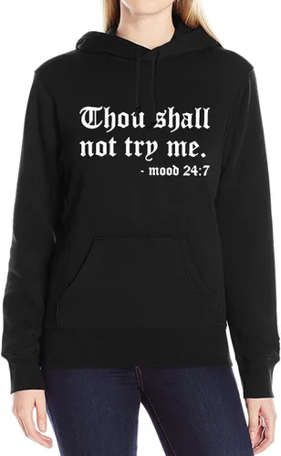 Vista 5 de Sudadera con capucha para mujer con texto en inglés "Thou Shall Not Try Me