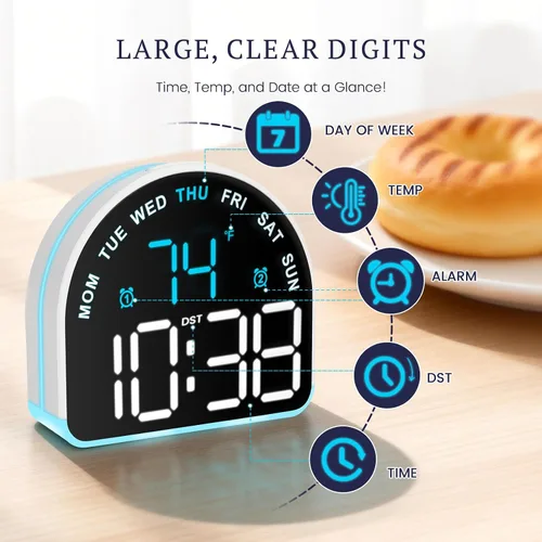 Vista 3 de Reloj despertador para dormir pesado: alarma súper fuerte y luz de despertador suave para adultos, niños, adolescentes Pantalla digital con tiempo