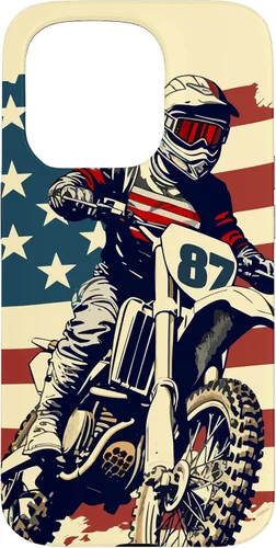 Vista 14 de Funda vintage para iPhone 16 Motocross Rider Dirt Bike con bandera estadounidense