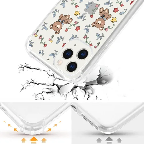Vista 4 de Funda para teléfono compatible con iPhone 11, diseño de oso y flores, diseño de dibujos animados transparente para niñas y mujeres, bonito oso