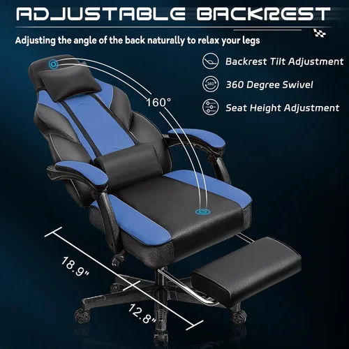 Vista 6 de Silla de videojuegos para adultos, silla de juegos con reposapiés, silla de computadora grande y alta con soporte lumbar de masaje, capacidad