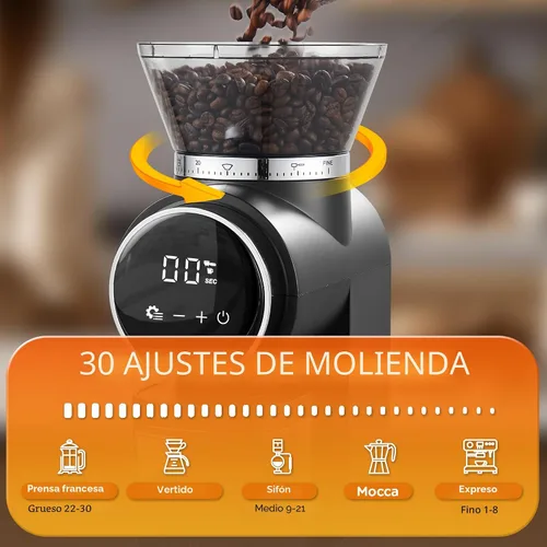Vista 4 de Ollygrin Molinillo de café eléctrico de rebabas cónicas, molinillo de café con panel táctil con 30 ajustes precisos, molinillo de granos de café