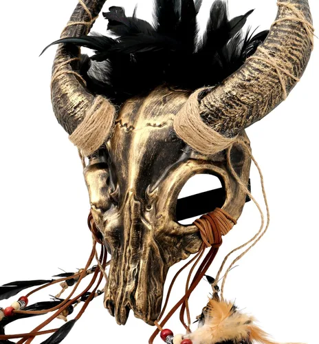 Vista 2 de Cuernos de ciervo de cuernos de Wendigo, tocado de mascarada, cráneo, antílope, para adultos, disfraz de Halloween, máscara de terror A51 Oro
