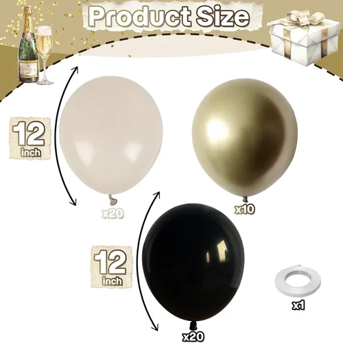 Vista 3 de Globos negros, blancos y dorados, 50 globos de látex de helio de 12 pulgadas, color negro, blanco, crema, beige, dorado metálico, para mujeres