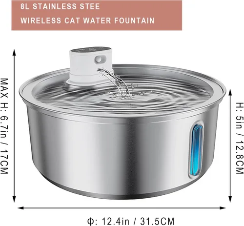 Vista 4 de Fuente de agua inalámbrica para gatos de acero inoxidable, fuente para gatos de 270 oz/8 L, funciona con pilas, fuente de agua inalámbrica