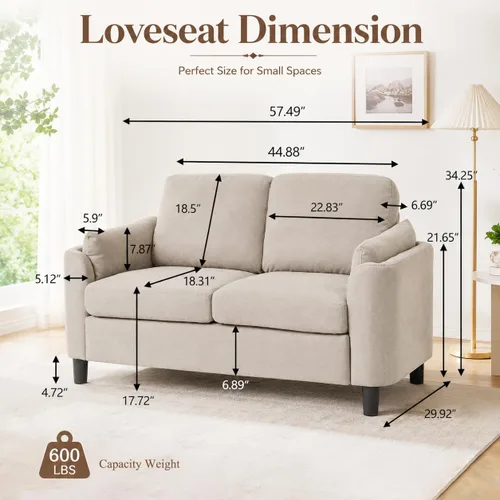 Vista 2 de 57" Small Loveseat Sofa, Mid Century Modern Love Seat Couch with Back Cushions and Plastic Legs, 2 Seater Couches for Living Room, Bedroom, Small