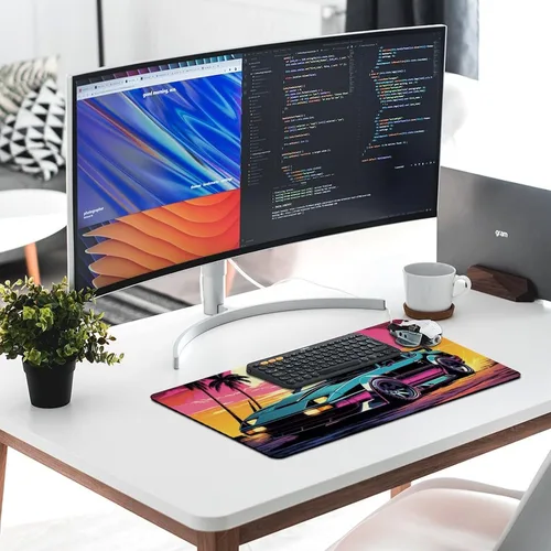 Vista 5 de Large Mouse Pad Classic Retro Sports Car Synthwave Sun Palm Trees Art Desk Mat Computer Accessories Gaming Office Organizers Supplies Decor