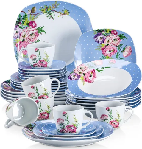Vista 12 de VEWEET Annie - Vajilla de porcelana para 6 personas, 30 piezas, con platos y tazones, incluyendo cena, postre, sopa, tazas y platillos