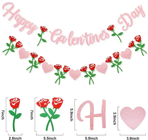 Vista 2 de Cartel de Feliz Día de Galentine – Decoración del Día de Galentine con purpurina rosa, pancarta de guirnalda de corazón rosa para damas, niñas