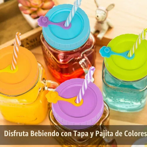 Vista 5 de REGULAR - Tapas de tarro de boca para bola, kerr, etc. con agujero para pajita, popotes, tapones de silicona, anillos, cepillo de limpieza, sin BPA