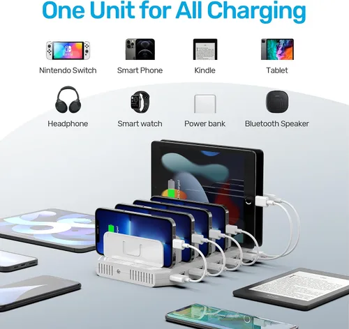 Vista 3 de Unitek Estación de carga múltiple, cargador USB de 10 puertos para múltiples dispositivos con tecnología SmartIC y divisores ajustables, soporte