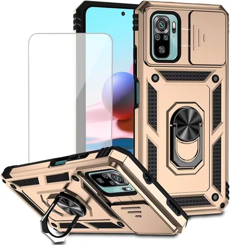 Vista 10 de Funda para Redmi Note 10/Redmi Note 10S/Poco M5S con protector de pantalla de vidrio templado y cubierta de cámara deslizante, anillo magnético Negro