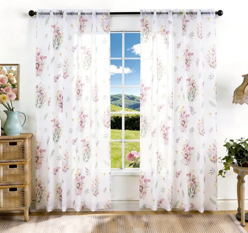 Vista 27 de youleyar Cortinas traslúcidas florales para sala de estar, 2 paneles de 54 pulgadas de largo, cortinas semitransparentes blancas con estampado