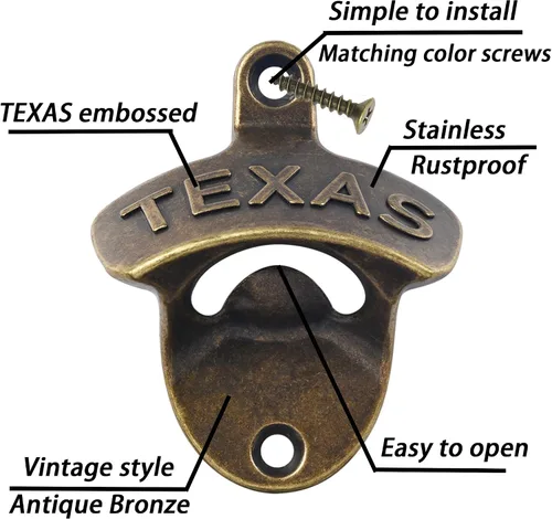 Vista 2 de Abrebotellas de bronce antiguo montado en la pared TEXAS A prueba de óxido, acabado vintage, atornillado en madera para mesa de pared, valla