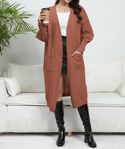 Vista 4 de BarbedRose Cárdigan de punto acanalado con frente abierto para mujer, ligero, de manga larga, acogedor, con bolsillos