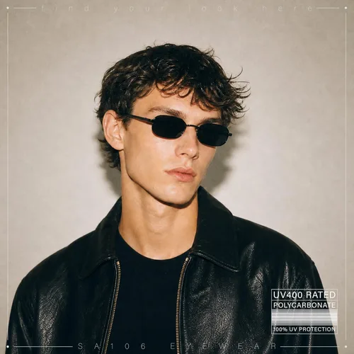 Vista 3 de SA106 Gafas de sol rectangulares hippie con borde de metal estrecho para hombre Marco negro - Lente negra