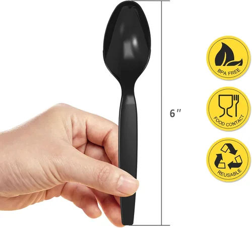 Vista 2 de POSATE Cucharas de plástico pesadas, color negro, paquete de 100, utensilios desechables para suministros de fiesta