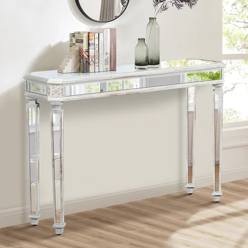 Vista 9 de Moderna mesa de consola plateada con espejo con 2 cajones de almacenamiento, escritorio rectangular de tocador, mesa de tocador de maquillaje