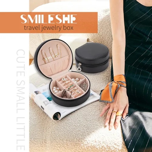 Vista 4 de Smileshe Joyero de viaje, mini organizador portátil con cremallera, de piel sintética, pequeñas cajas de almacenamiento para anillos, aretes
